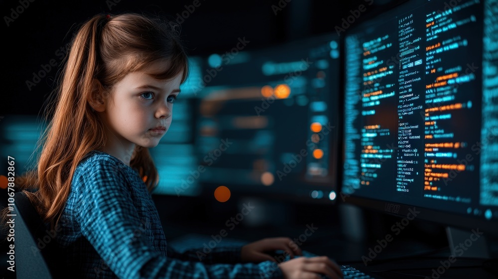 Poster young girl learning coding on computer with holographic displays