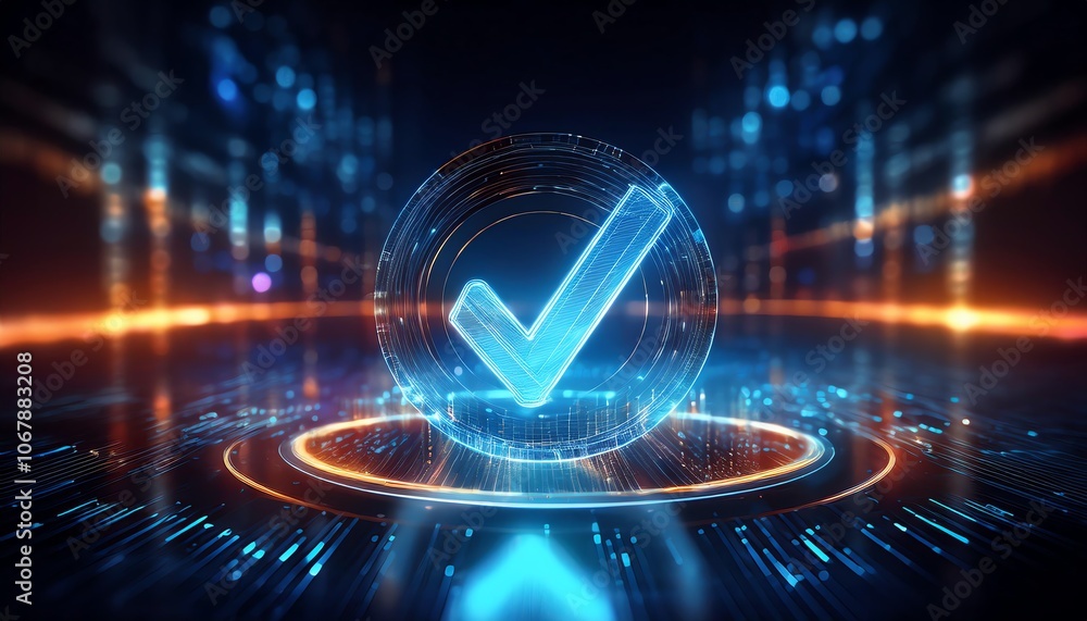 Poster a glowing checkmark symbolizing approval, surrounded by a high-tech digital environment with glowing