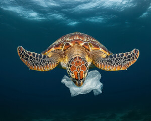 Obraz premium Sea Turtle eats plastic bag, plastic pollution in ocean problem. Protect the ocean environment, marine animals and serious waste pollution