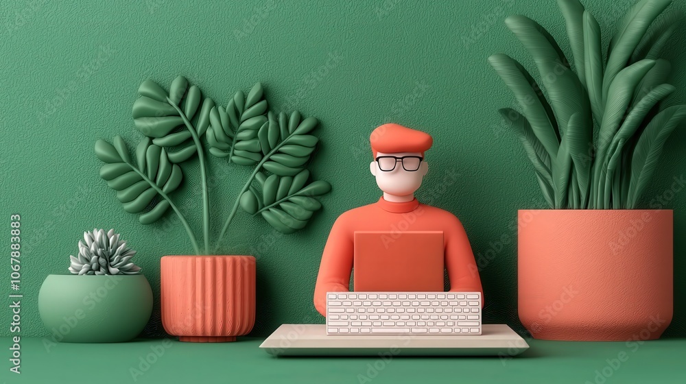 Poster 3d illustration of a web developer working in a modern office with plants