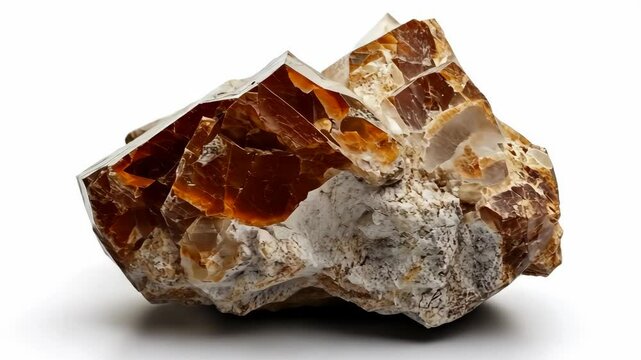A large, rough, orange-brown crystal sits on a white background
