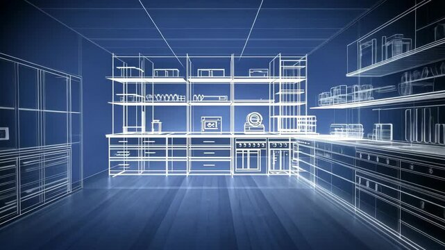 A wireframe model of a kitchen with shelves, cabinets, and appliances, showing a modern design with an open floor plan