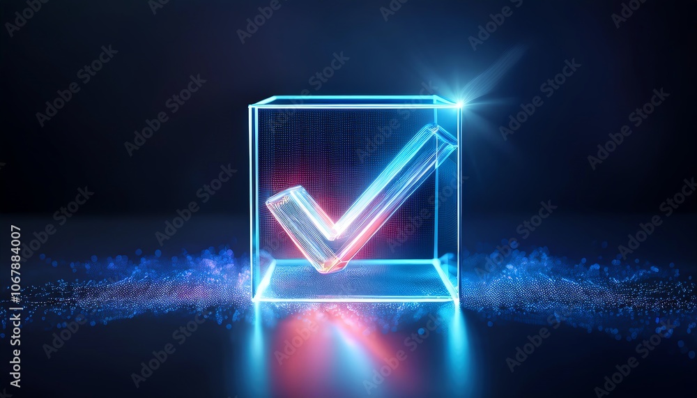 Poster A glowing 3D checkmark inside a transparent box, surrounded by vibrant particles, symbolizing approval or confirmation in a digital context.