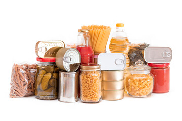 Food Reserves: Canned Food, Spaghetti, Tomato Juice, Pasta and Grocery - Isolated on White Background. Emergency Food Storage in Case of Crisis. Strategic Food Supplies - Isolation