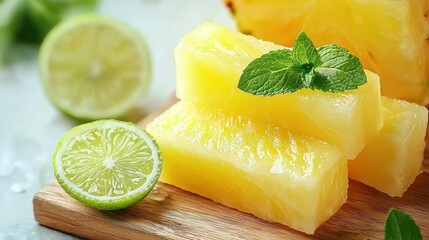 Fresh Pineapple Cubes with Mint and Lime Slices on Wooden Cutting Board