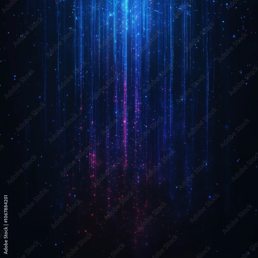 Poster abstract blue and pink light streaks with a dark background and glowing particles, creating a futuri