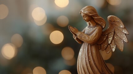 A beautiful wooden Christmas angel figurine in prayer set against a soft bokeh background, creating a warm holiday atmosphere
