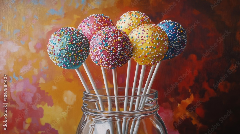 Poster a jar of brightly colored cake pops with sprinkles, creating a festive atmosphere for any special oc