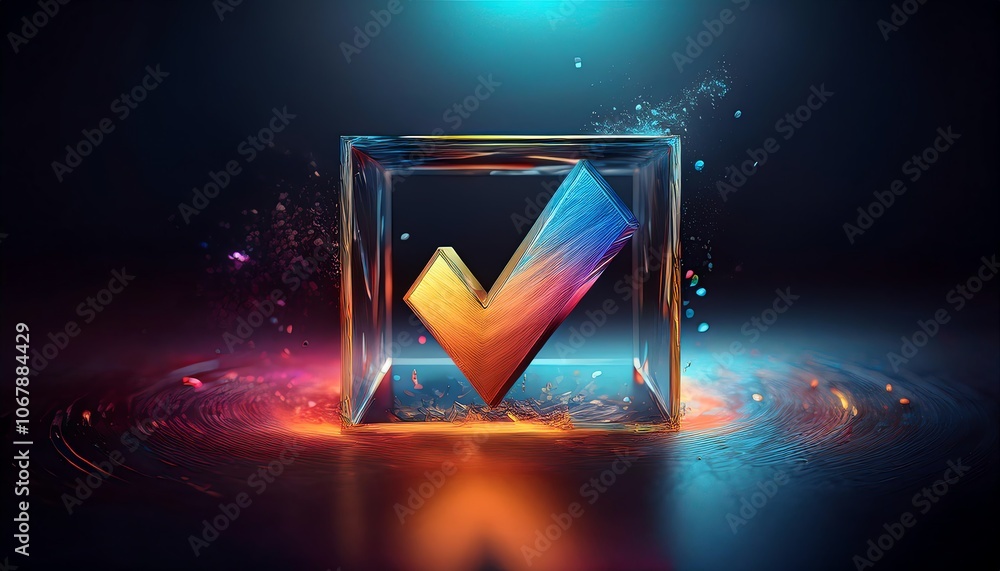 Poster a glowing checkmark inside a transparent box, surrounded by colorful splashes of light, creating a m