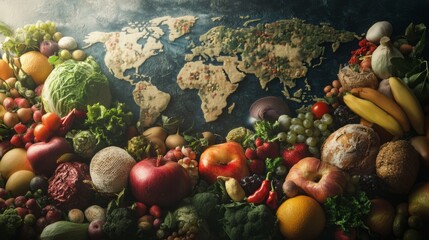 Celebrating World Food Day with a vibrant display of fresh produce and a global map made of vegetables, emphasizing food diversity and sustainability
