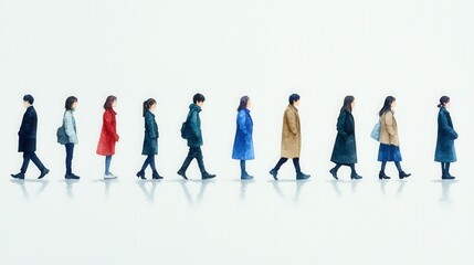 Fototapeta premium Watercolor Illustration of People Walking in a Line Social Distancing Minimalist Modern