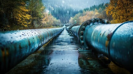 A large industrial pipeline releasing water into a wet, rainy landscape, with raindrops falling and reflecting the engineering marvel