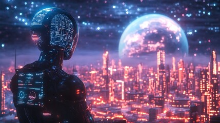 Naklejka premium Futuristic robot observes dazzling cityscape under cosmic sky