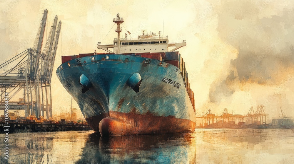 Poster a maersk container ship at anchor at singapore's container terminal, symbolizing global shipping and