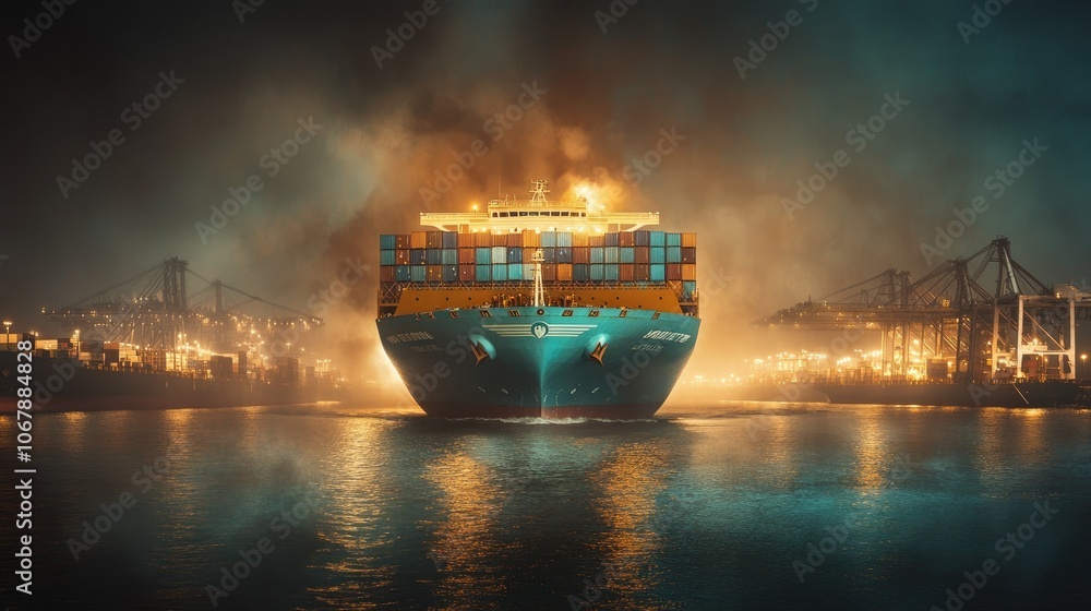 Poster a maersk container ship arriving at singapore's container terminal, highlighting the scale and logis