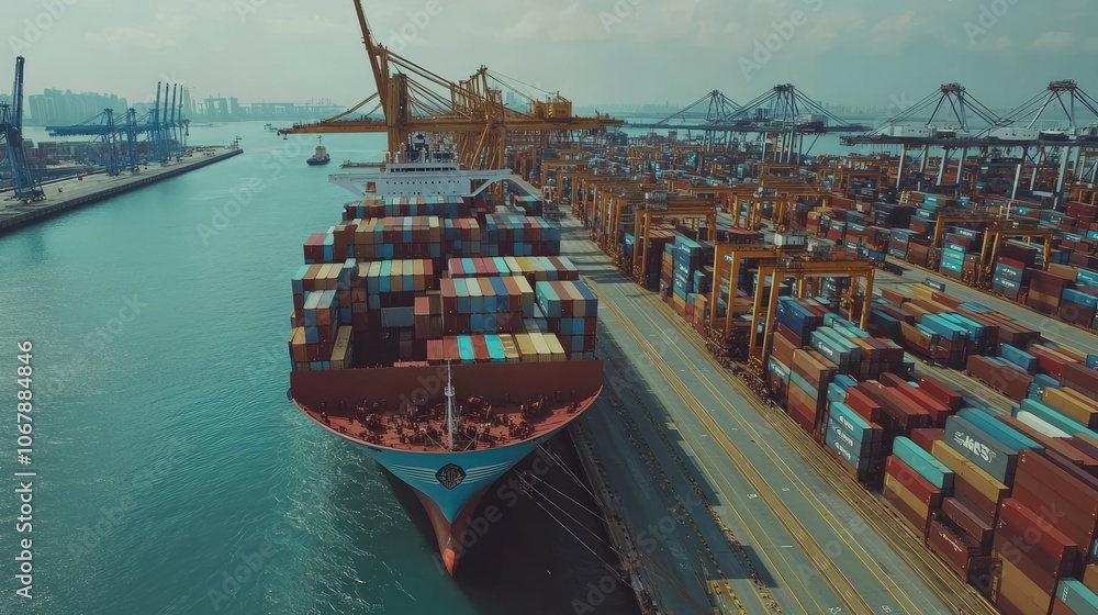 Aufkleber A Maersk container ship at Singapore container terminal, with bustling activity around it as containers are transferred to and from the ship