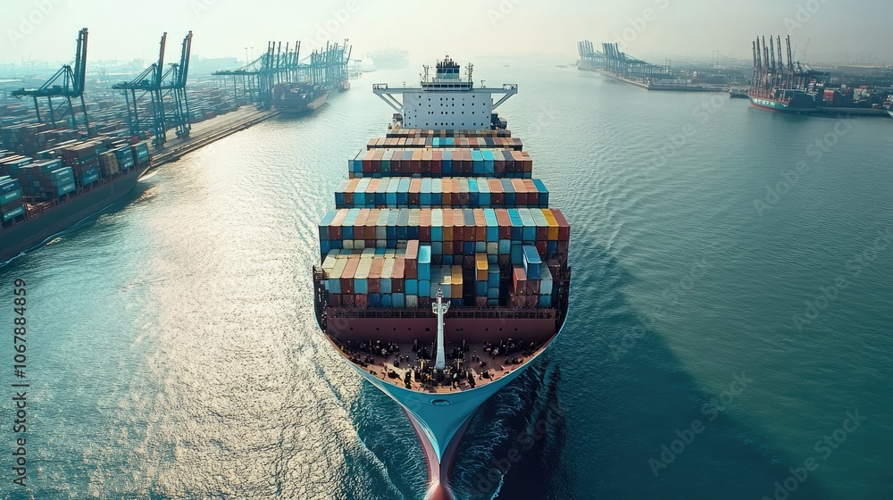 Aufkleber A Maersk container ship at Singapore container terminal, with bustling activity around it as containers are transferred to and from the ship