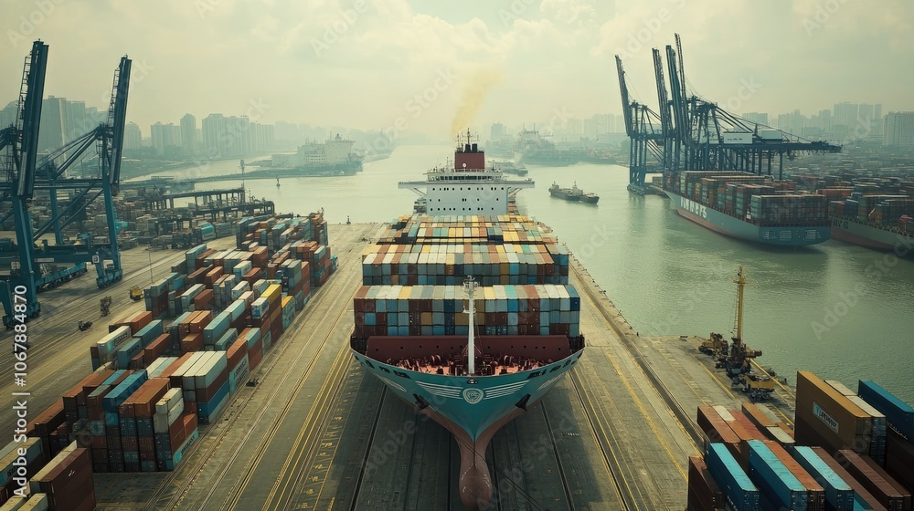 Aufkleber a maersk container ship at singapore container terminal, with bustling activity around it as contain