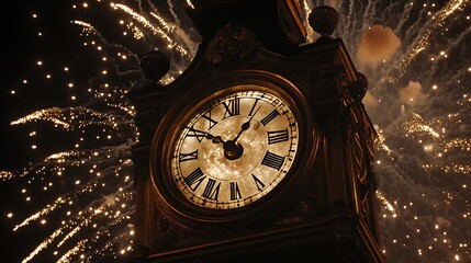 Clock counting down the final moments to the New Year with a backdrop fireworks.