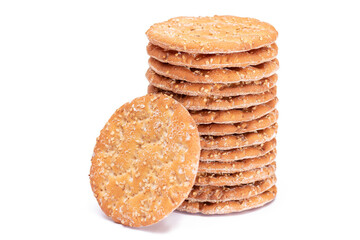 A Stack of Round Salt Crackers with Sesame Isolated on White Background. Dry Snacks - Isolation