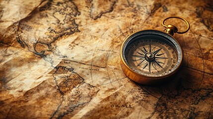 A vintage compass rests on an aged map, symbolizing exploration.