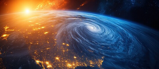 A view of Earth with a hurricane and sunrise over the horizon.