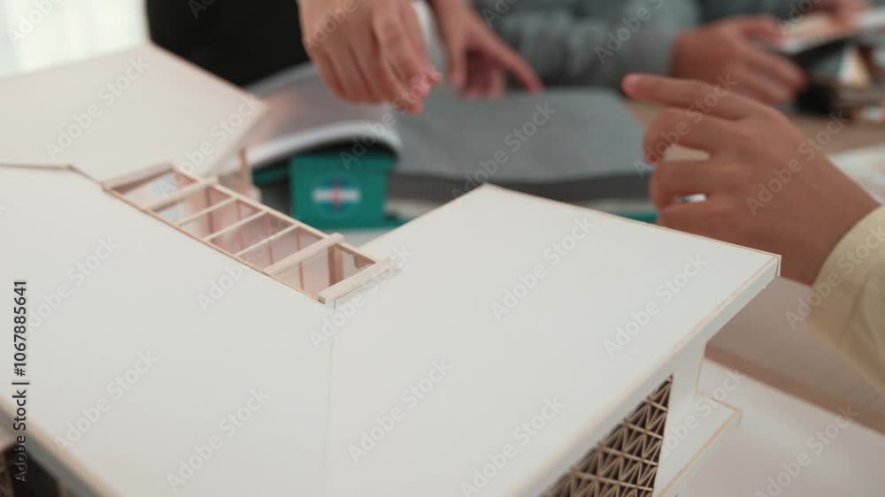 Poster slow motion home designer using architectural equipment draw a blueprint while interior designer sel