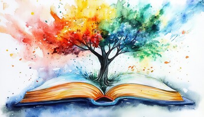 Vibrant Watercolor Tree Emerging from Open Book