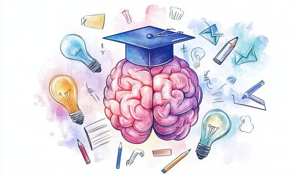 Creative Brain with Graduation Cap in Watercolor Style
