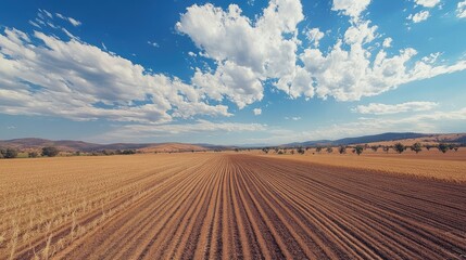 Obraz premium A wide-angle view of an irrigation system working efficiently across a farm, providing essential water for crops in a dry environment