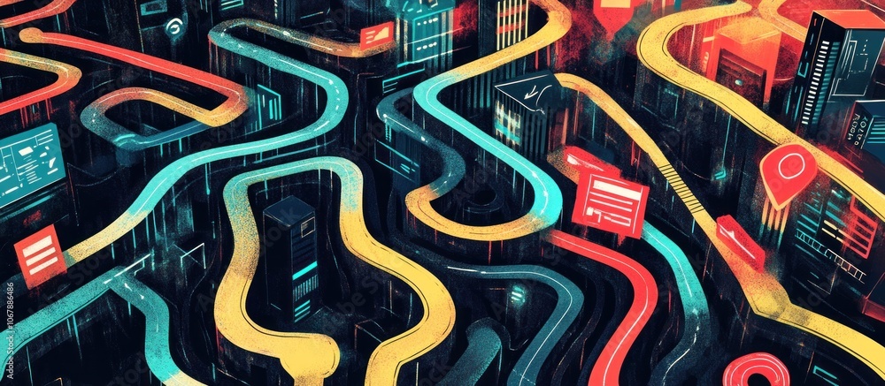 Aufkleber abstract digital landscape with colorful paths and data panels.