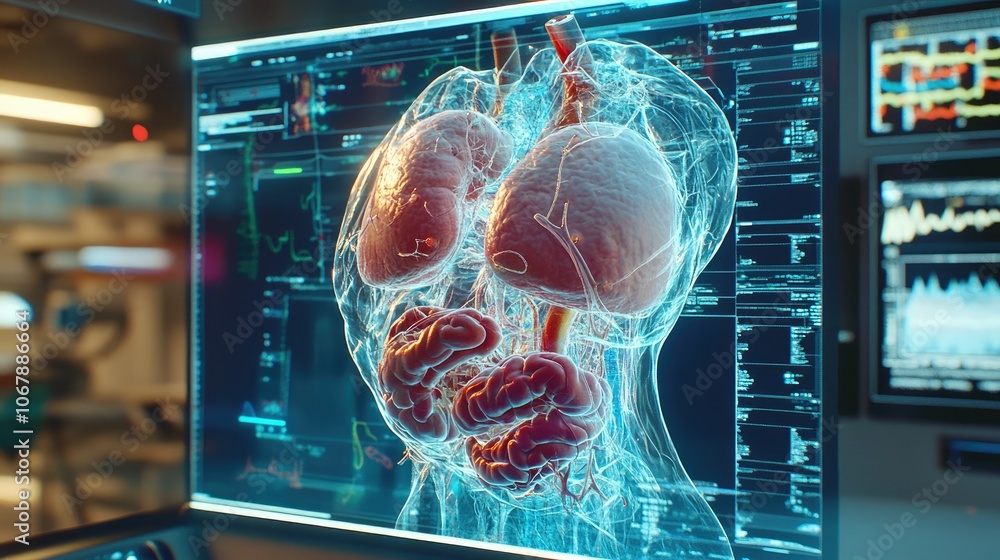 Poster bright medical lighting highlighting human organs in a digital format, showcasing a detailed and inf