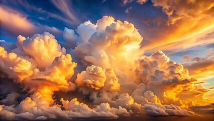 Golden Hues of a Serene Cumulus Sky Displaying a Tapestry of  Celestial Shapes and Sizes