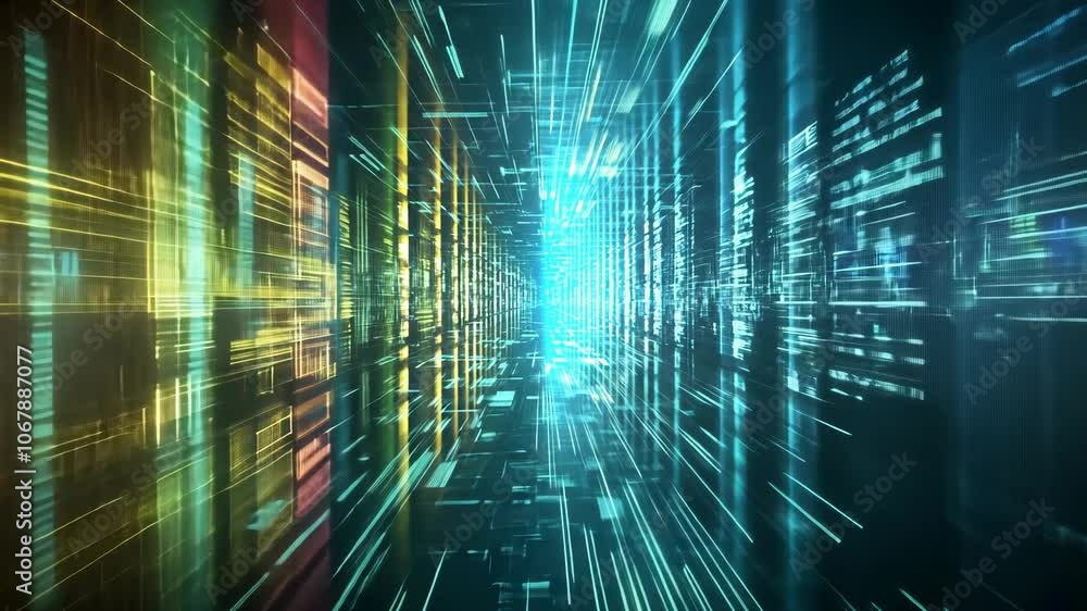 Aufkleber a digital tunnel of vibrant light streaks through a matrix of code, symbolizing the flow of data in 