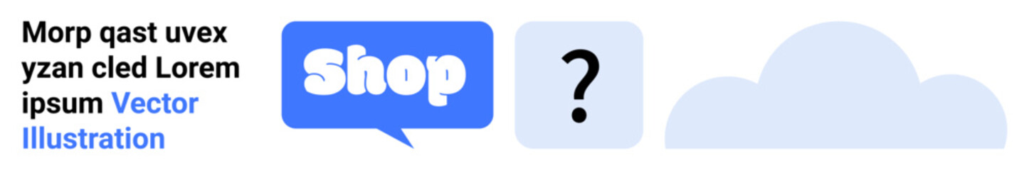 Icons representing a speech bubble with the word Shop, a question mark, and a cloud. Ideal for technology, e-commerce, online stores, cloud storage, and customer support. Banner for landing page