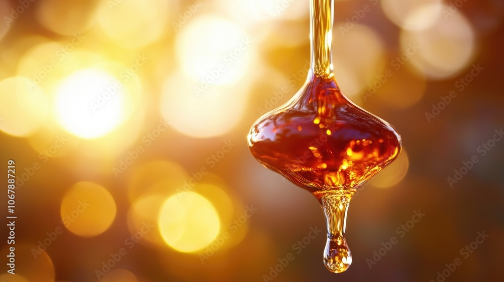 Poster dark cold brew coffee dripping drop by drop through a clear glass filter, producing a chilled, refre