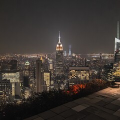 Fototapeta premium Night view of a city skyline featuring iconic buildings and lights.