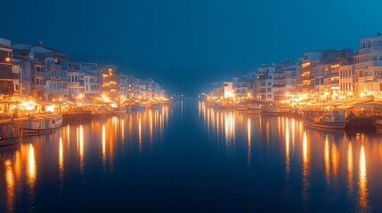 Fototapeta premium Serene waterfront scene illuminated by evening lights and reflections.