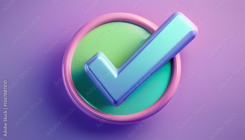 Poster a stylized checkmark symbol in vibrant colors, centered in a circular design against a purple backgr