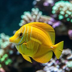 Naklejka premium Yellow tang tropical fish Zebrasoma flavescens closeup