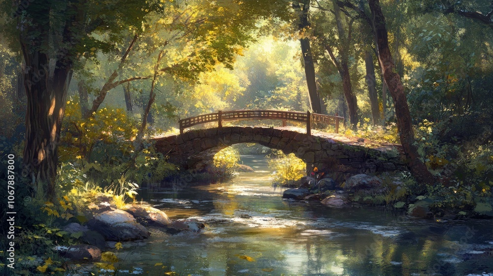 Poster Idyllic view of a charming bridge over a calm stream, sunlight dappling through the trees in a quiet woodland