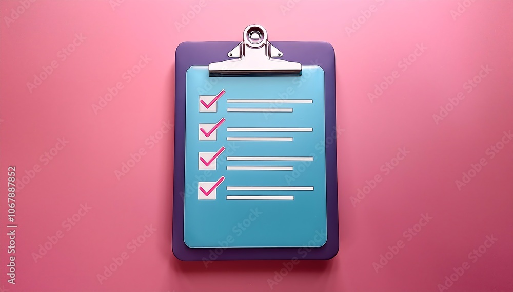 Poster a clipboard with a checklist features several checked items, set against a pink background, suggesti
