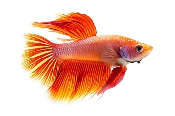 Fototapeta premium Fiery Fin: A vibrant orange Betta fish with flowing fins against a white background. Its scales shimmer with an ethereal glow.