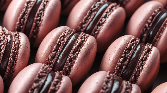 Pink macarons with chocolate filling are arranged in rows