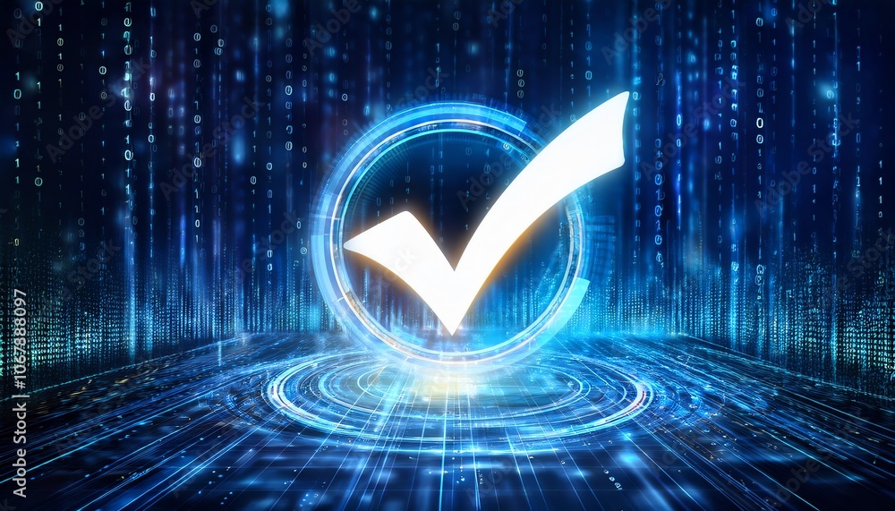 Poster a glowing checkmark symbol surrounded by digital elements, representing confirmation and validation 