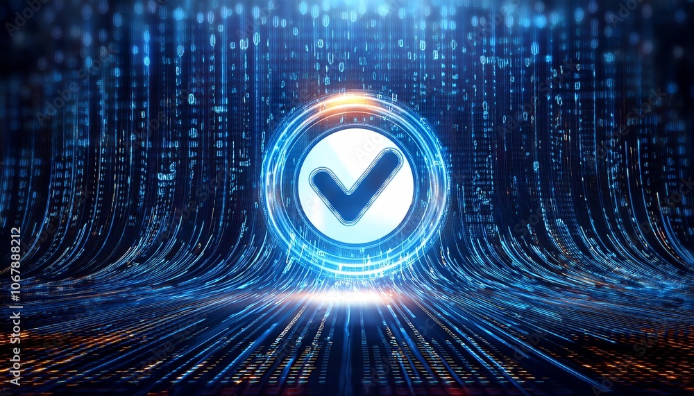 Poster a futuristic digital scene featuring a glowing checkmark symbol, surrounded by a matrix of data stre