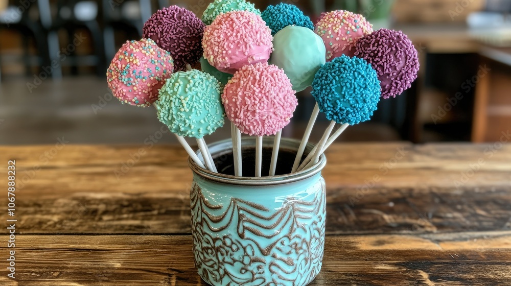 Poster vibrant and fun cake pops in an array of colors, arranged in a decorative jar, ideal for a joyful an