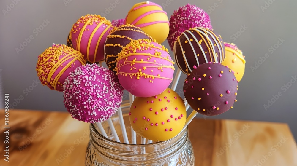Poster Vibrant and fun cake pops in an array of colors, arranged in a decorative jar, ideal for a joyful and festive event or celebration