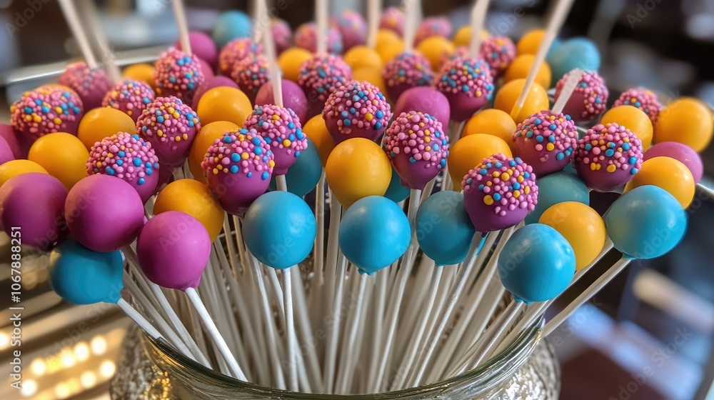 Poster Vibrant and fun cake pops in an array of colors, arranged in a decorative jar, ideal for a joyful and festive event or celebration