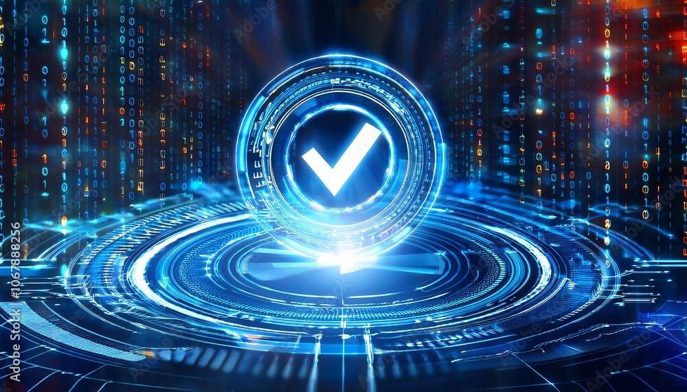 Poster a glowing blue checkmark amidst a digital background of data streams, symbolizing validation and suc
